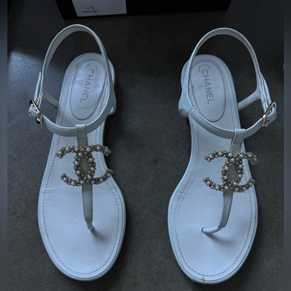 Chanel White Leather T-strap Sandal, 36.5 - Picture 1 of 4